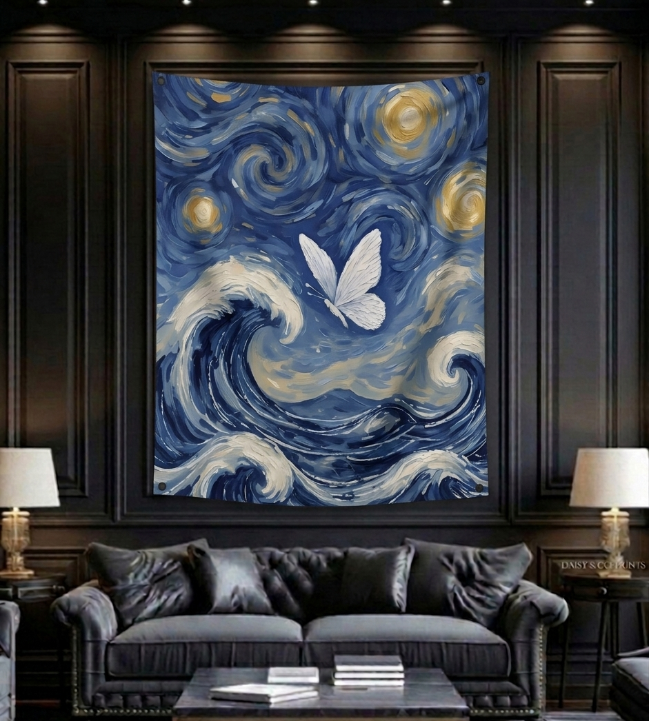 Starry wave butterfly velvet wall tapestry – room mockup showing tapestry hung on bedroom wall