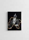 Guru Nanak Dev Ji velvet wall tapestry – monochrome portrait framed in gold Punjab map outline on deep black flat product view