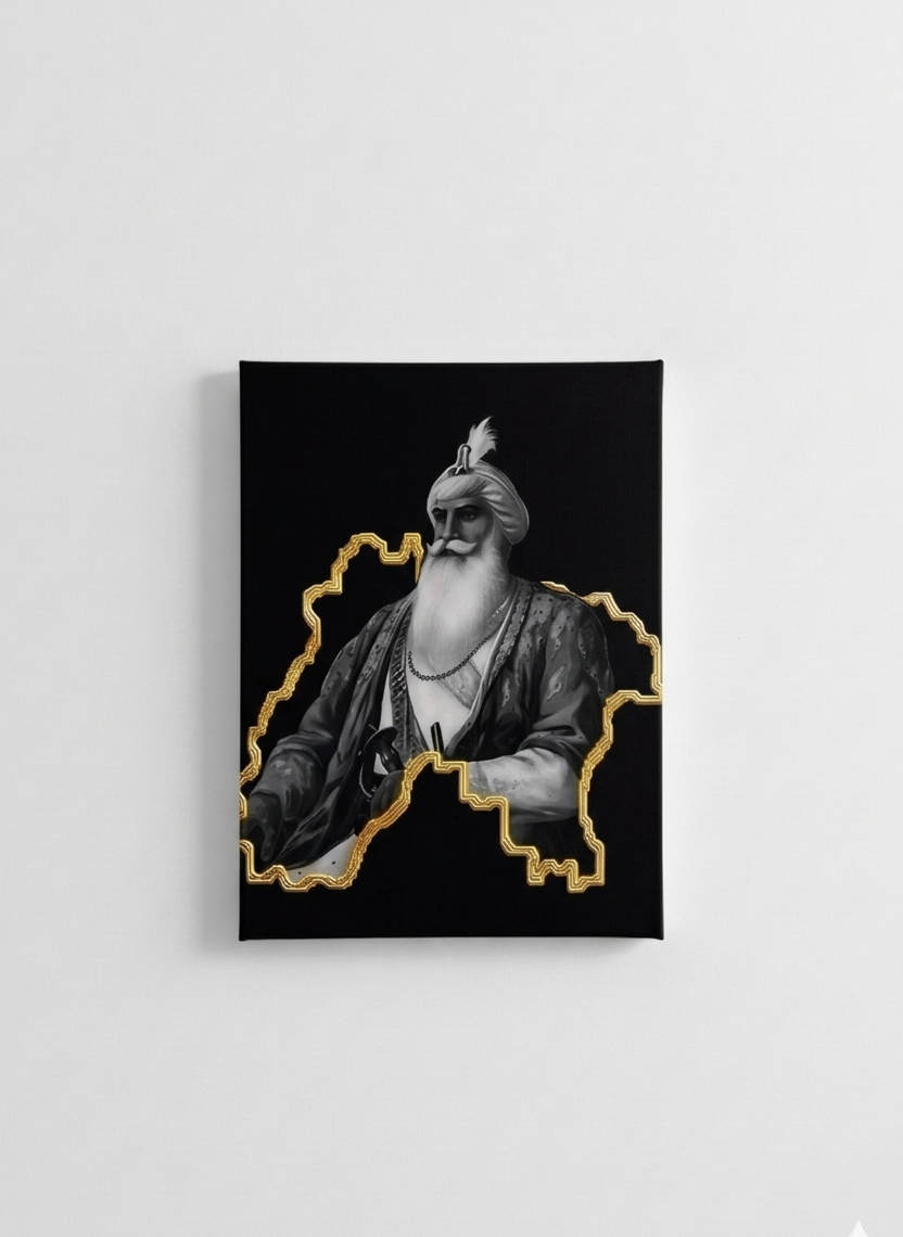 Guru Nanak Dev Ji velvet wall tapestry – monochrome portrait framed in gold Punjab map outline on deep black flat product view