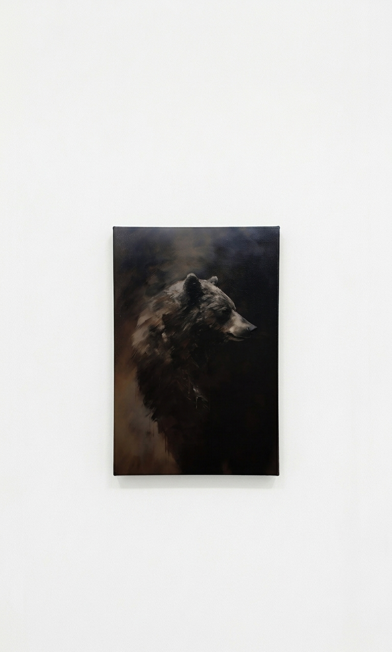 Dark bear velvet wall tapestry – moody oil painting portrait of bear in deep shadow tones flat product view