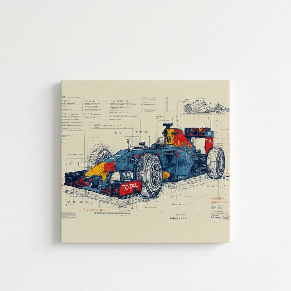 F1 Red Bull blueprint velvet wall tapestry – technical blueprint sketch of Formula 1 car with annotations flat product view