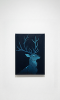 Teal and midnight-blue stag with sprawling antlers on a near-black background, printed on a velvet wall tapestry