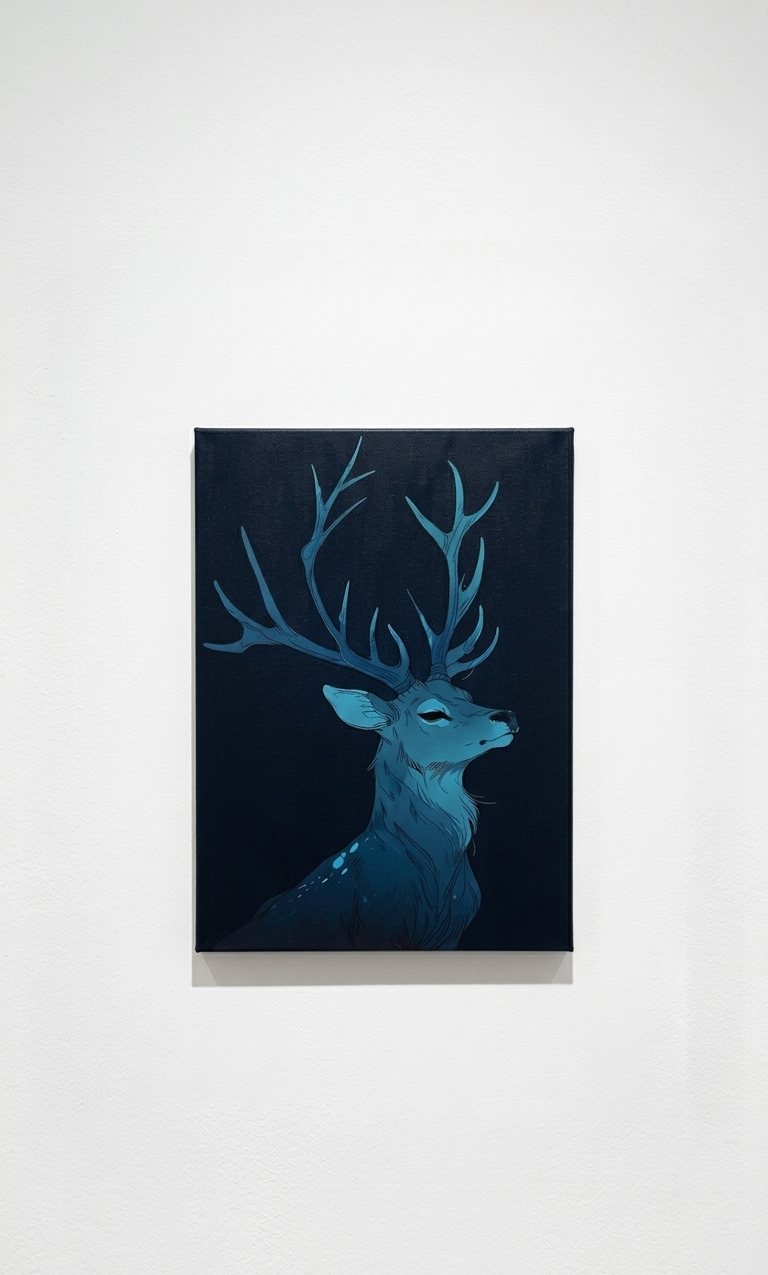 Teal and midnight-blue stag with sprawling antlers on a near-black background, printed on a velvet wall tapestry