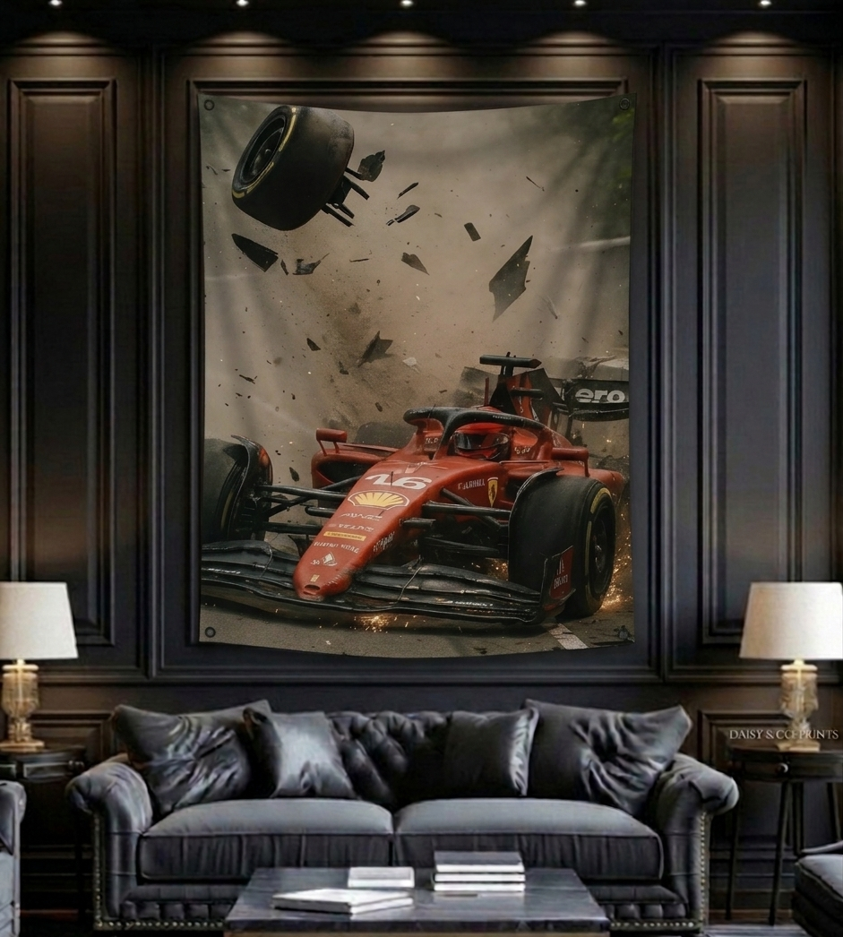 F1 Ferrari velvet wall tapestry – room mockup showing tapestry hung on bedroom wall