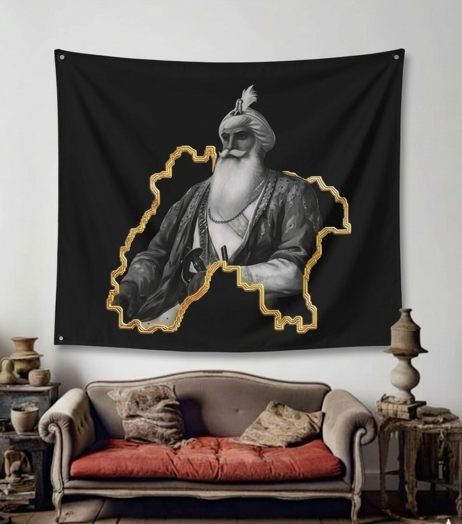 Guru Nanak Dev Ji velvet wall tapestry – room mockup showing tapestry hung on bedroom wall