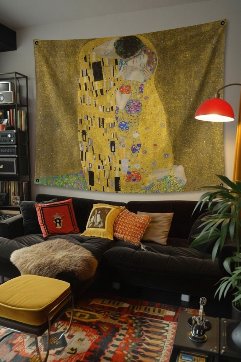 The Kiss by Klimt velvet wall tapestry – room mockup showing tapestry hung on bedroom wall