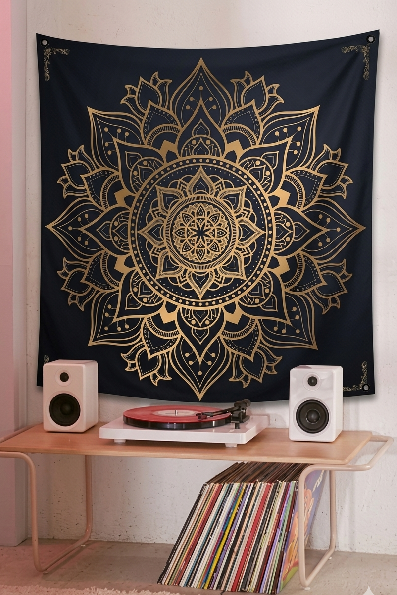 Navy gold mandala velvet wall tapestry – room mockup showing tapestry hung on bedroom wall