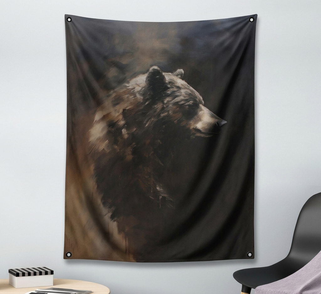 Dark bear velvet wall tapestry – room mockup showing tapestry hung on bedroom wall