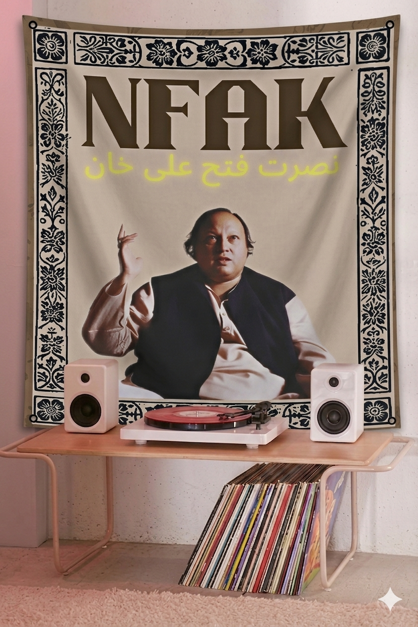 NFAK velvet tapestry mockup on living room wall