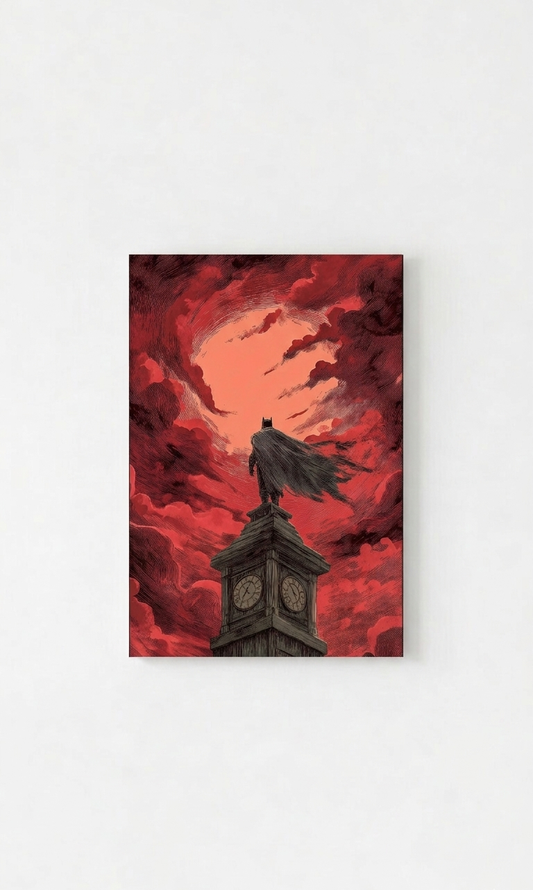 Batman Red Sky velvet wall tapestry – Batman perched on gothic clock tower with blood-red swirling sky and charcoal etching-style linework