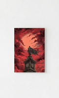 Batman Red Sky velvet wall tapestry – Batman perched on gothic clock tower with blood-red swirling sky and charcoal etching-style linework