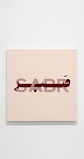 Sabr bilingual calligraphy velvet wall tapestry – bold English and flowing Arabic calligraphy in deep burgundy on warm beige canvas flat product view