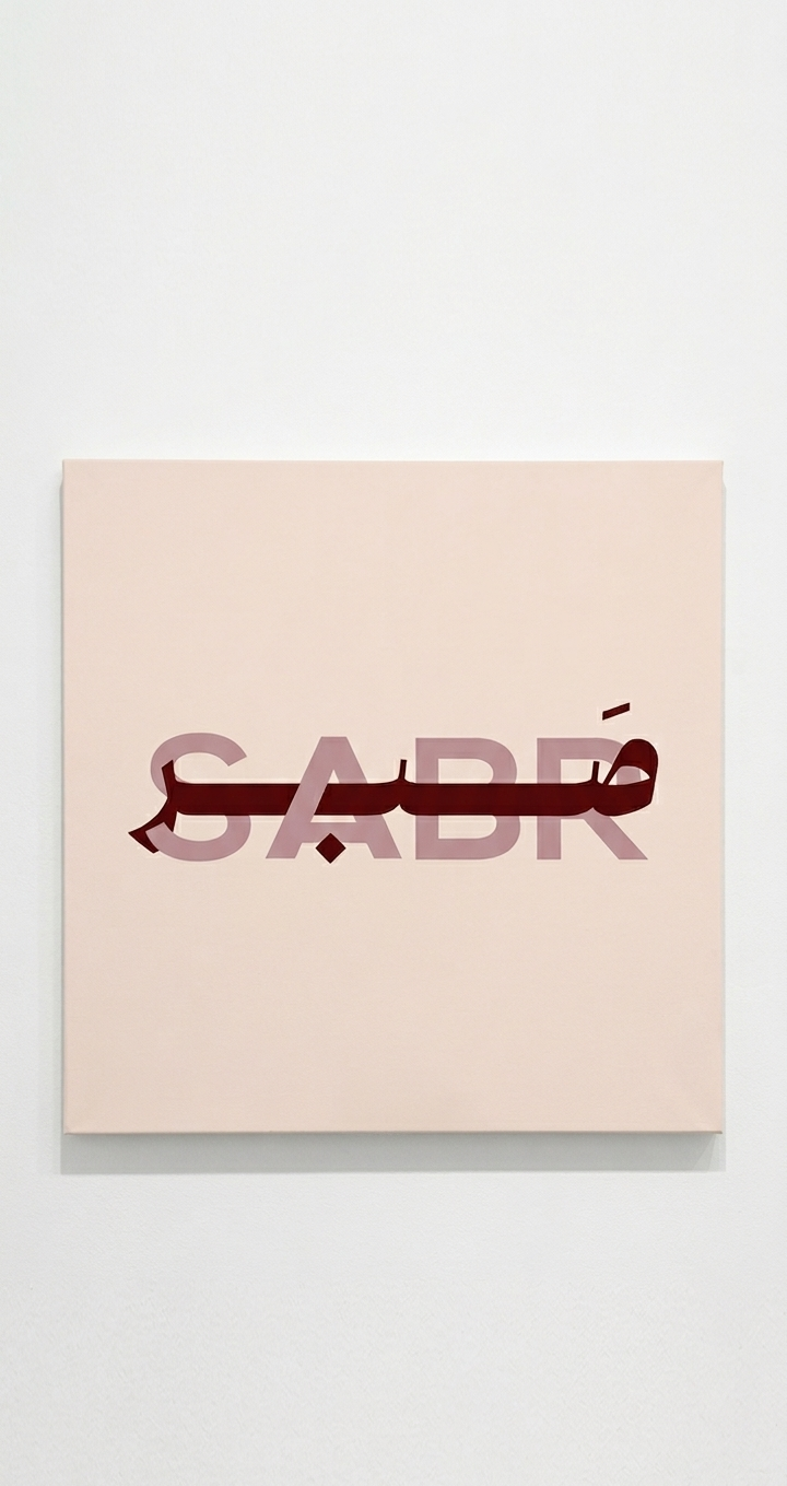 Sabr bilingual calligraphy velvet wall tapestry – bold English and flowing Arabic calligraphy in deep burgundy on warm beige canvas flat product view