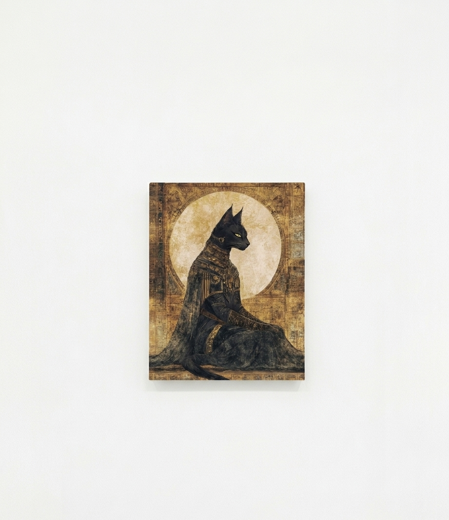 Bastet velvet wall tapestry – Egyptian cat goddess in antique gold mythology art flat product view