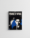 Franz Kafka velvet wall tapestry – bold black and blue graphic portrait with surrealist imagery and literary text flat product view