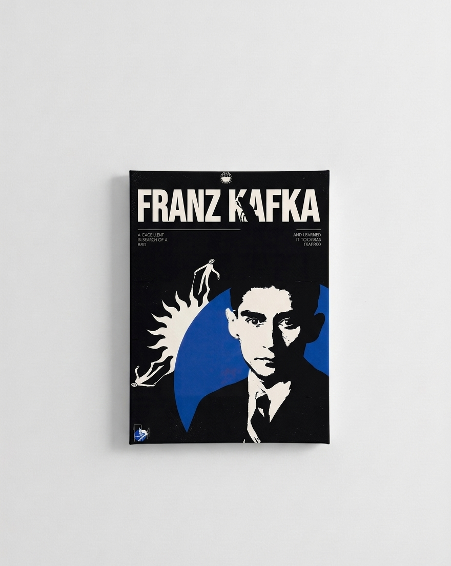 Franz Kafka velvet wall tapestry – bold black and blue graphic portrait with surrealist imagery and literary text flat product view