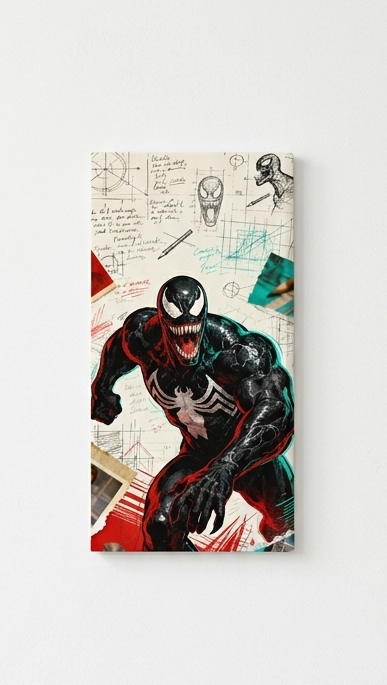 Venom velvet wall tapestry – symbiote lunging forward in full color with raw pencil sketches and handwritten notes on cream sketchbook background