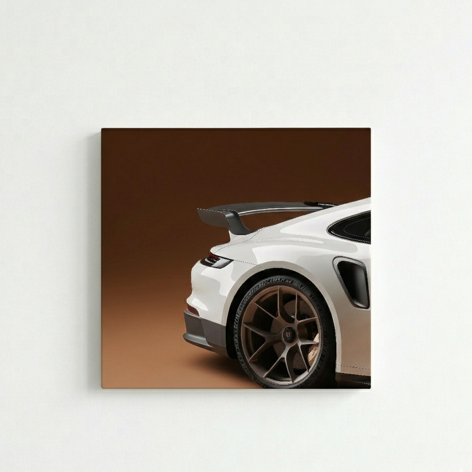 Porsche 911 sports car velvet wall tapestry – white 911 rear quarter with bronze alloys on warm brown studio background flat product view