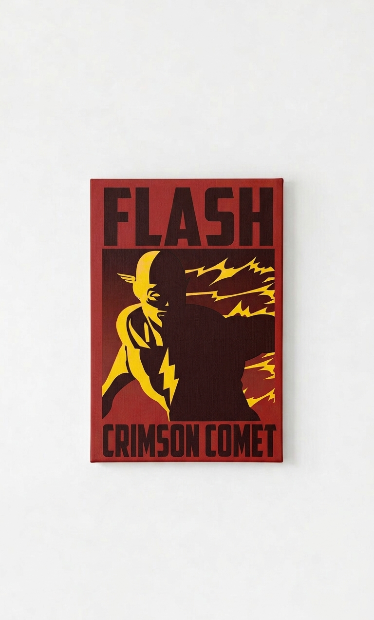 The Flash velvet wall tapestry – bold retro propaganda poster with deep crimson background golden yellow silhouette and lightning with FLASH and CRIMSON COMET typography