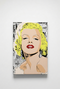 Marilyn Monroe velvet wall tapestry – pop art portrait with blonde hair and red lips over vintage newspaper print flat product view