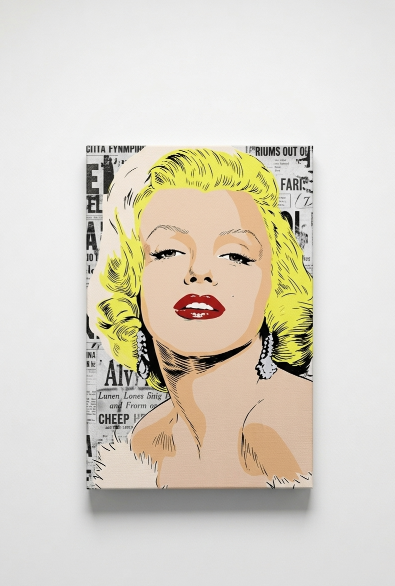 Marilyn Monroe velvet wall tapestry – pop art portrait with blonde hair and red lips over vintage newspaper print flat product view