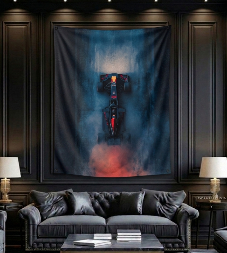Red Bull F1 velvet wall tapestry – room mockup showing tapestry hung on bedroom wall