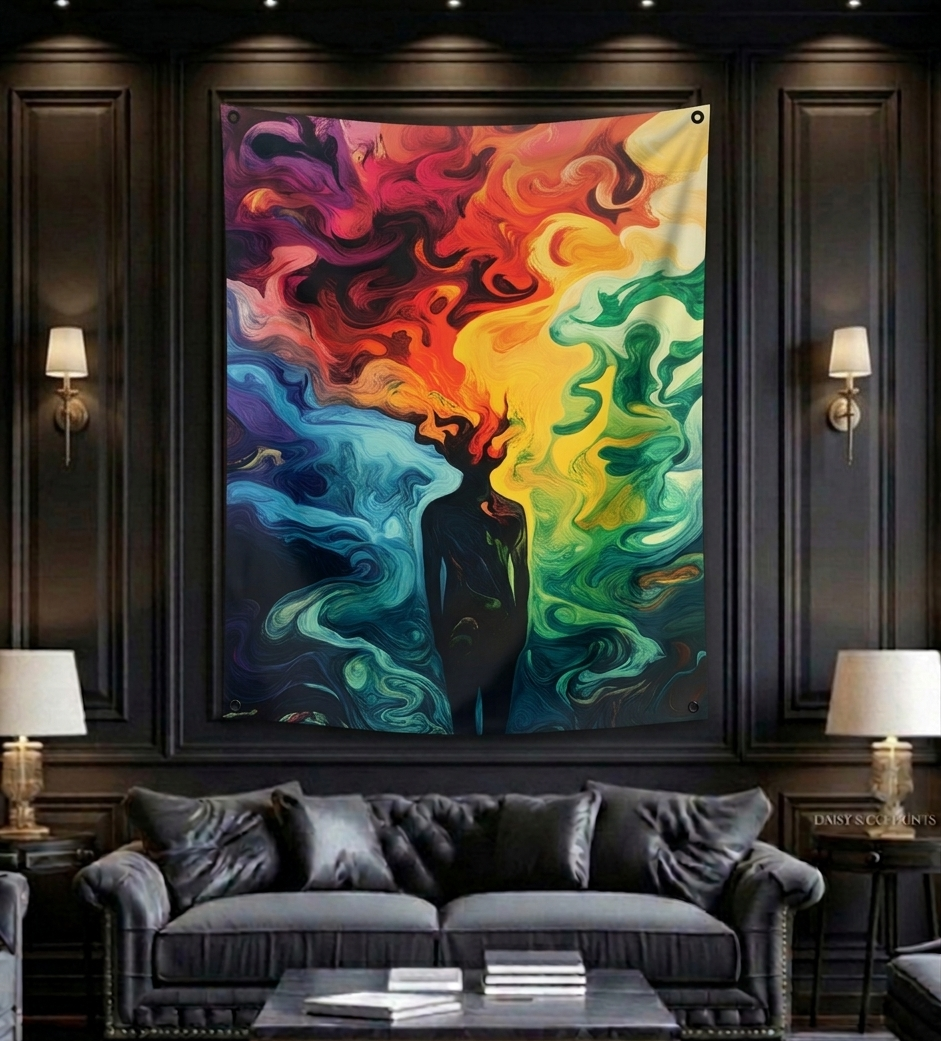 Colorful abstract painting on a dark wall above a gray sofa in a living room.