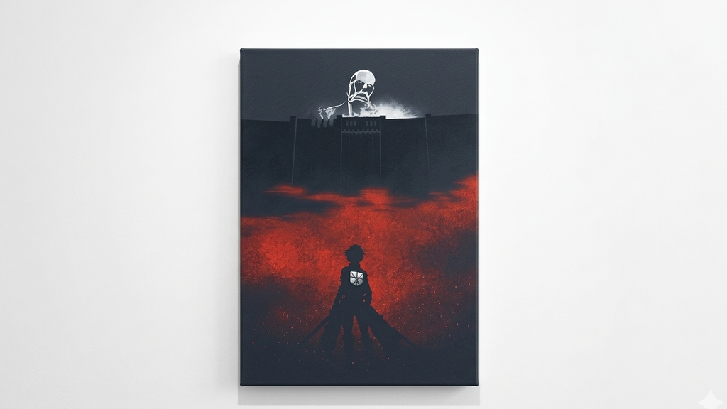 Attack on Titan Eren Yeager velvet wall tapestry – Eren with wings of freedom in deep crimson against dark skies and founding titan skull looming above