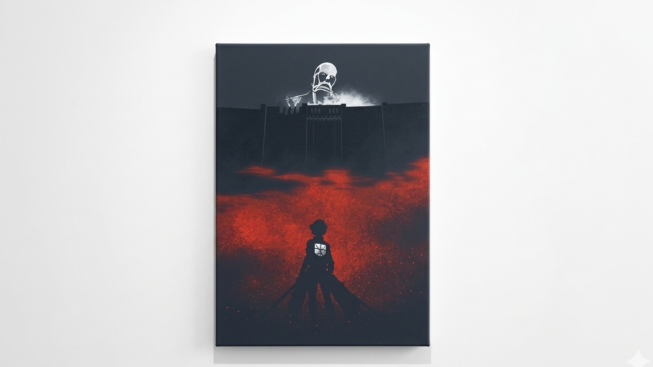 Attack on Titan Eren Yeager velvet wall tapestry – Eren with wings of freedom in deep crimson against dark skies and founding titan skull looming above