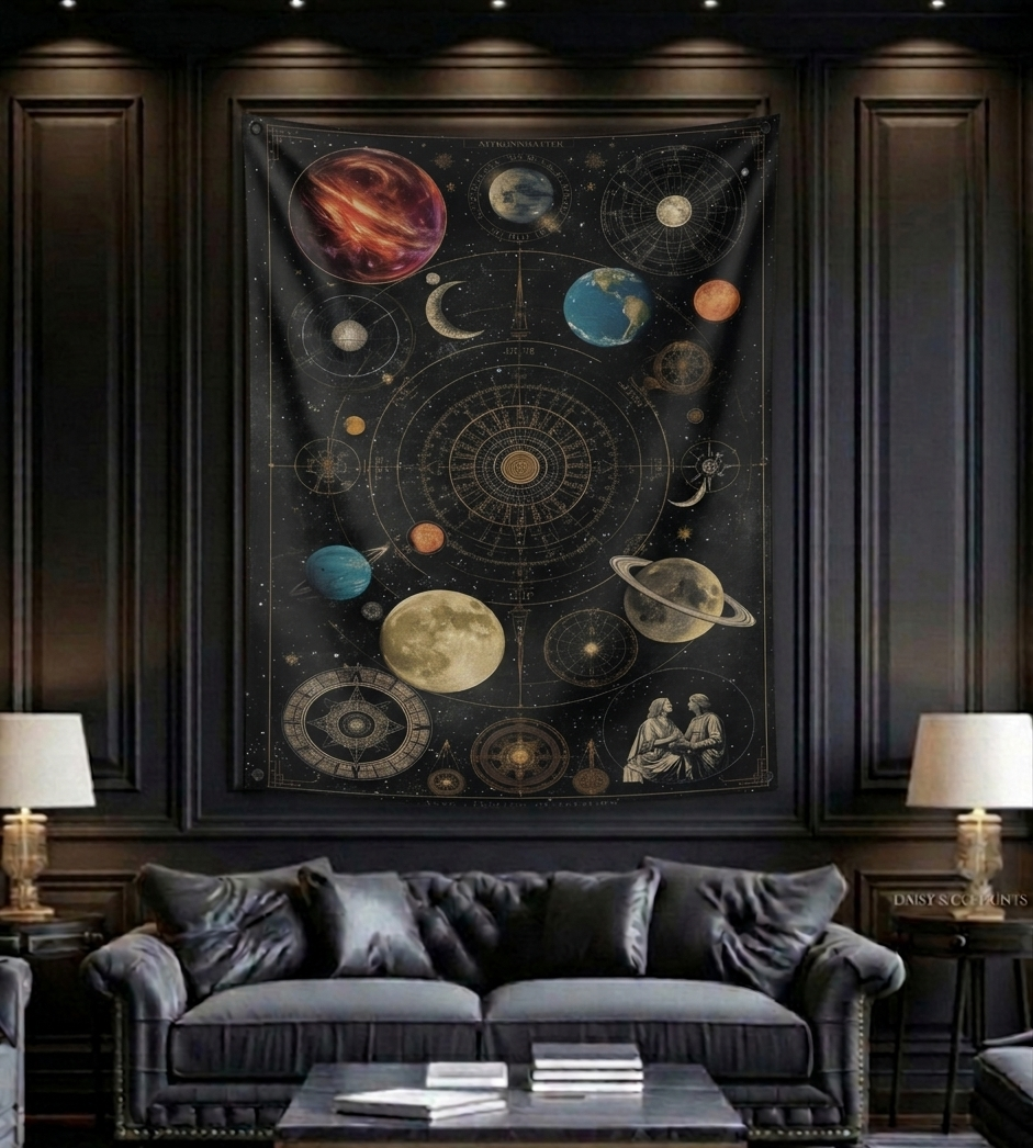 Astronomical chart velvet wall tapestry – room mockup showing tapestry hung on study room wall