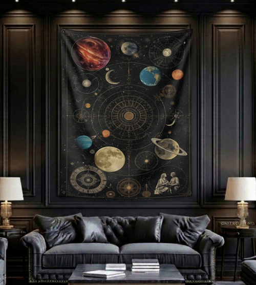 Astronomical chart velvet wall tapestry – room mockup showing tapestry hung on study room wall