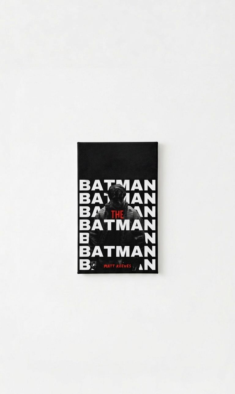The Batman velvet wall tapestry – bold white BATMAN text stacked wall to wall with dark halftone figure emerging and red THE accent in typographic film poster style
