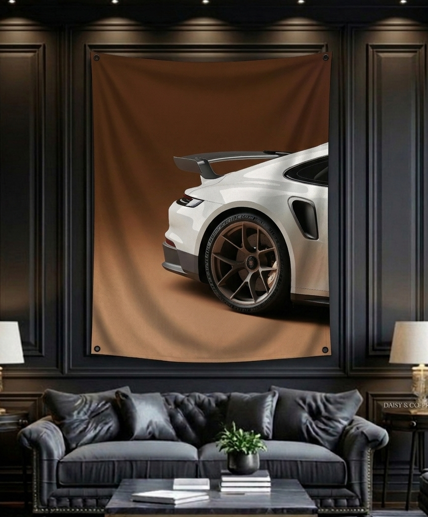 Porsche 911 sports car velvet wall tapestry – room mockup showing tapestry hung on bedroom wall