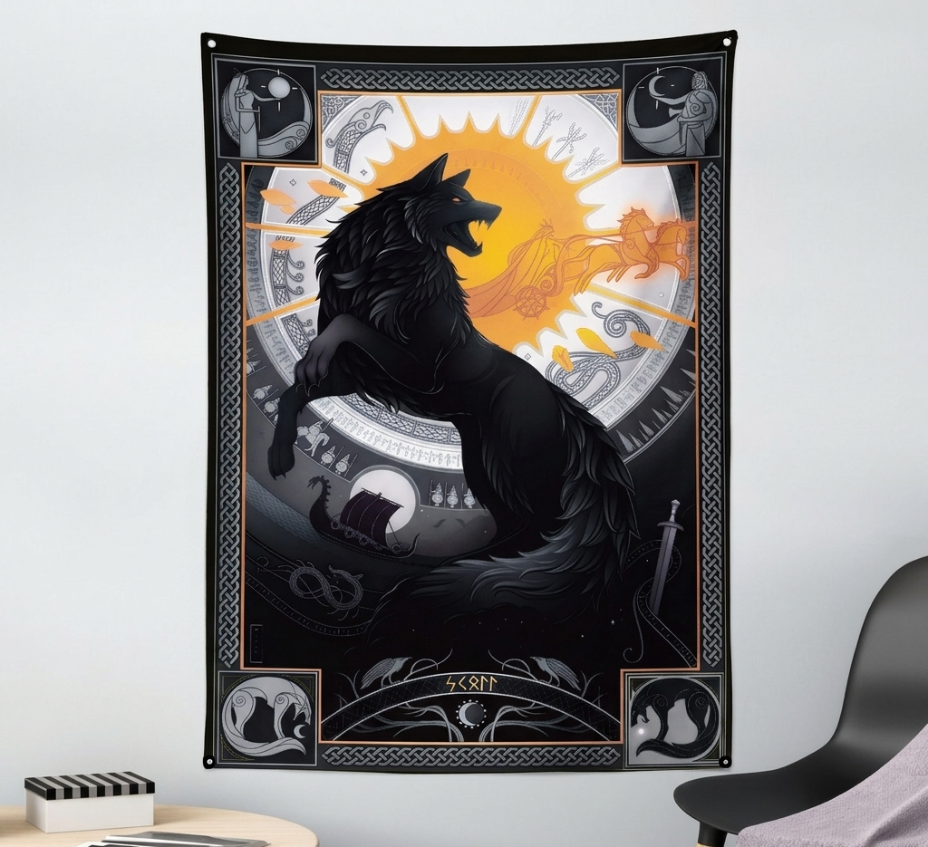 Fenrir wolf velvet wall tapestry – room mockup showing tapestry hung on bedroom wall