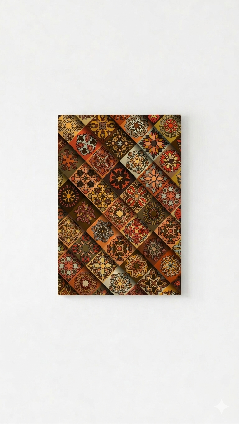 Boho patchwork mandala velvet wall tapestry – warm terracotta and gold patchwork mandala tiles flat product view