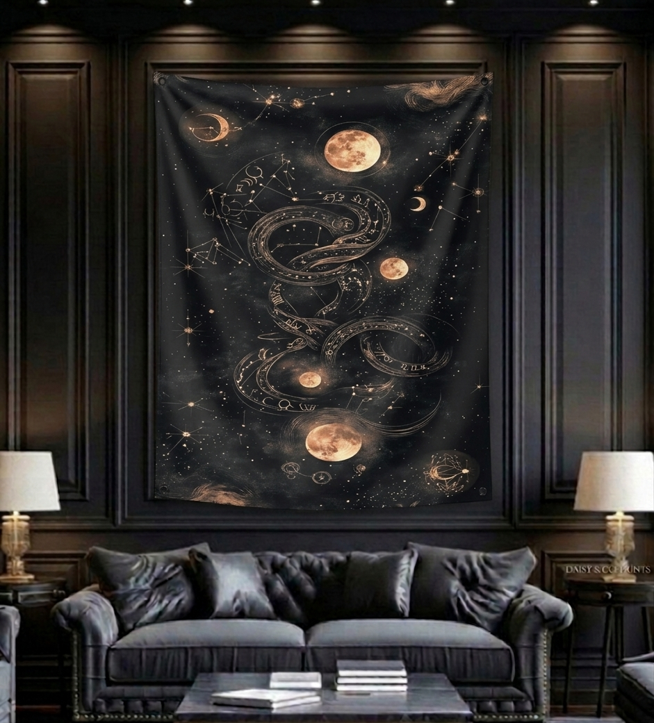 Celestial serpent velvet wall tapestry – room mockup showing tapestry hung on bedroom wall