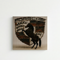 Porsche crest horse velvet wall tapestry – rearing black stallion on distressed heritage shield flat product view