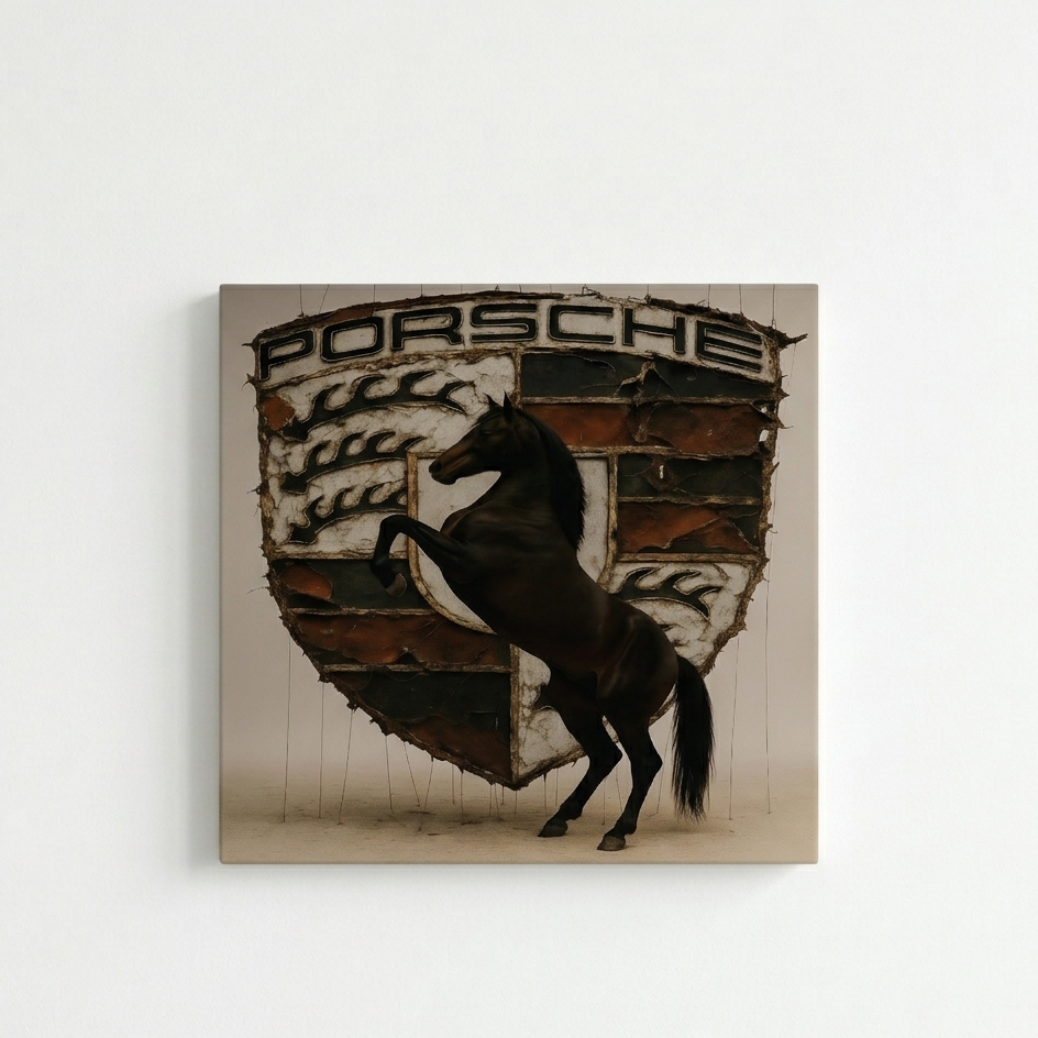 Porsche crest horse velvet wall tapestry – rearing black stallion on distressed heritage shield flat product view