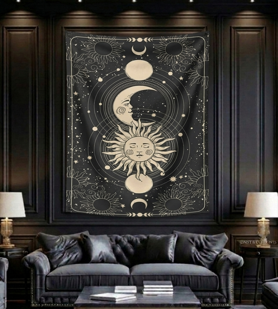 Sun and moon velvet wall tapestry – room mockup showing tapestry hung on bedroom wall