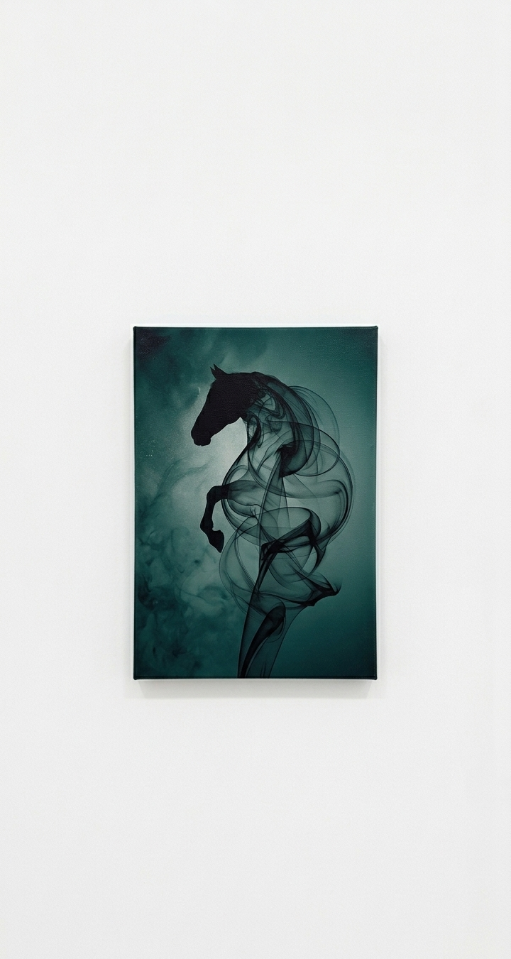 Smoke horse velvet wall tapestry – ethereal smoke horse in dark teal tones flat product view