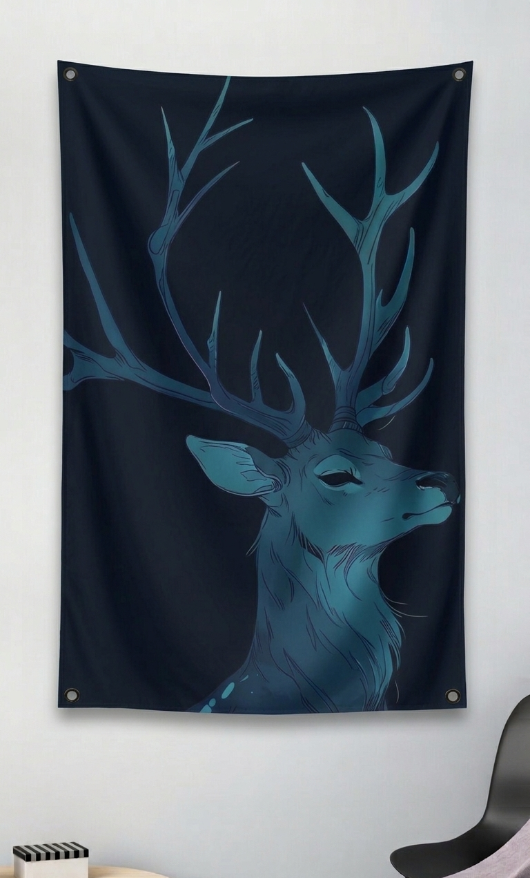 Blue stag velvet tapestry hanging as a cloth wall hanging in a modern room