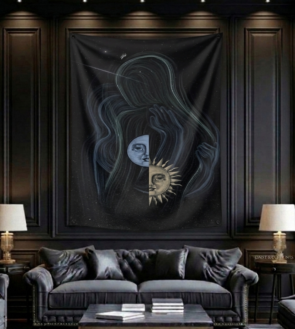 Celestial figure velvet wall tapestry – room mockup showing tapestry hung on bedroom wall