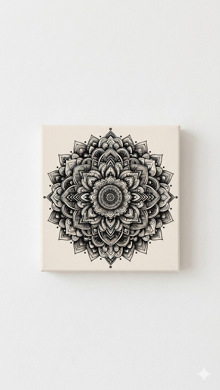Black ink mandala velvet wall tapestry – intricate black mandala on cream background flat product view