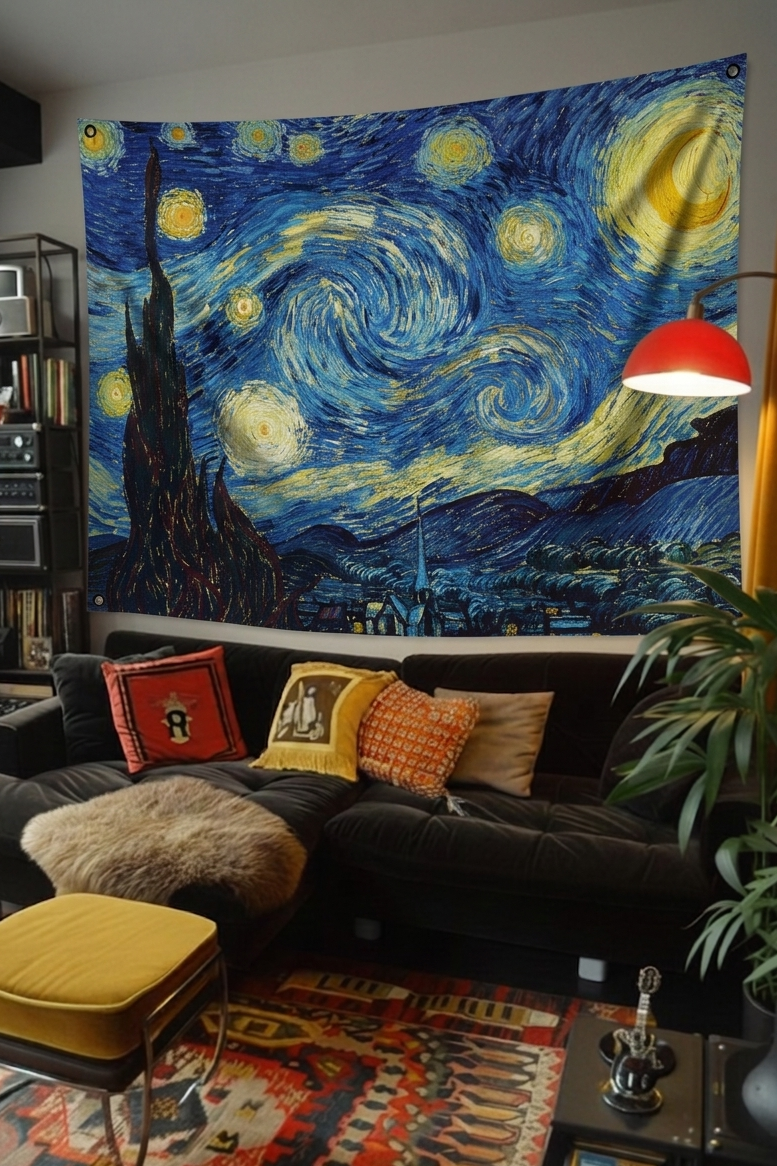 Van Gogh Starry Night velvet wall tapestry – room mockup showing tapestry hung on bedroom wall