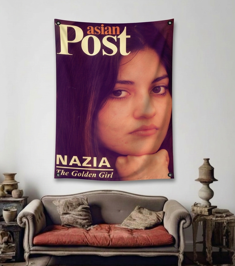 Nazia Hassan velvet wall tapestry – room mockup showing tapestry hung on bedroom wall