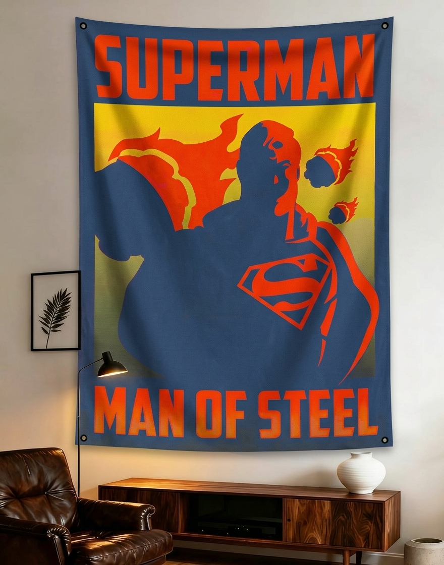 Superman velvet wall tapestry – retro DC propaganda poster art mockup on bedroom wall