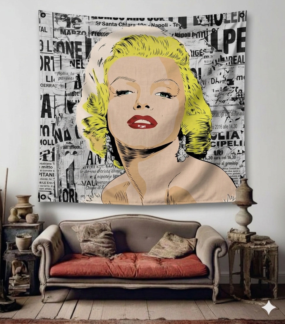Marilyn Monroe velvet wall tapestry – room mockup showing tapestry hung on bedroom wall