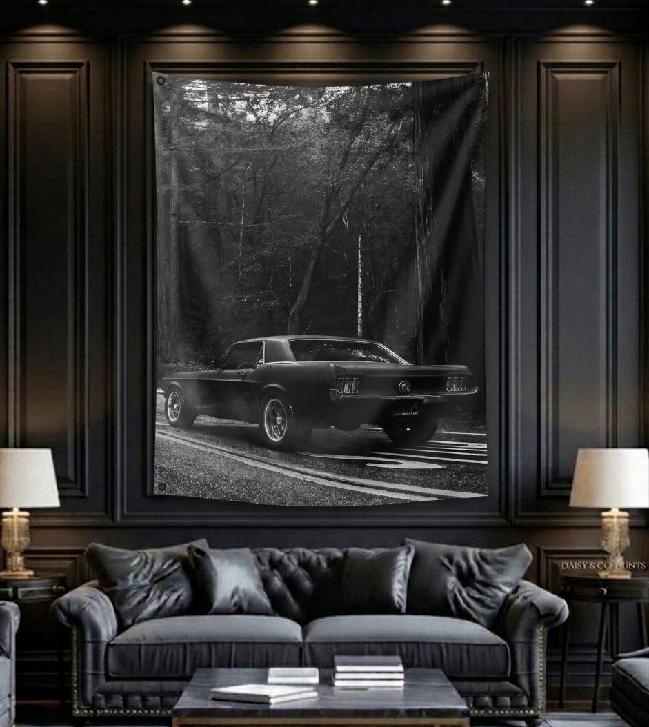 Ford Mustang velvet wall tapestry – room mockup showing tapestry hung on bedroom wall