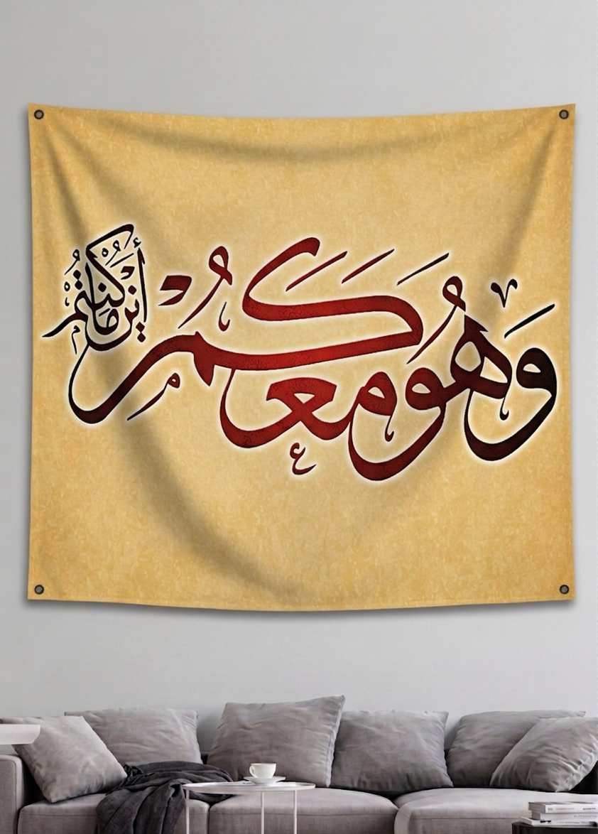 Wa Huwa Maakum velvet wall tapestry – room mockup showing tapestry hung on bedroom wall