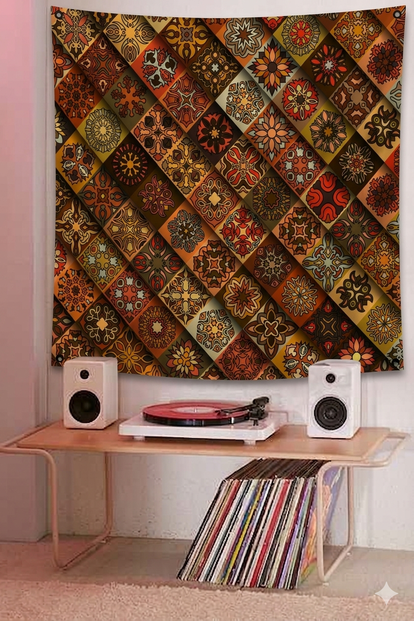Boho patchwork mandala velvet wall tapestry – room mockup showing tapestry hung on bedroom wall
